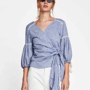 Zara Light Blue Chambray Wrap Blouse